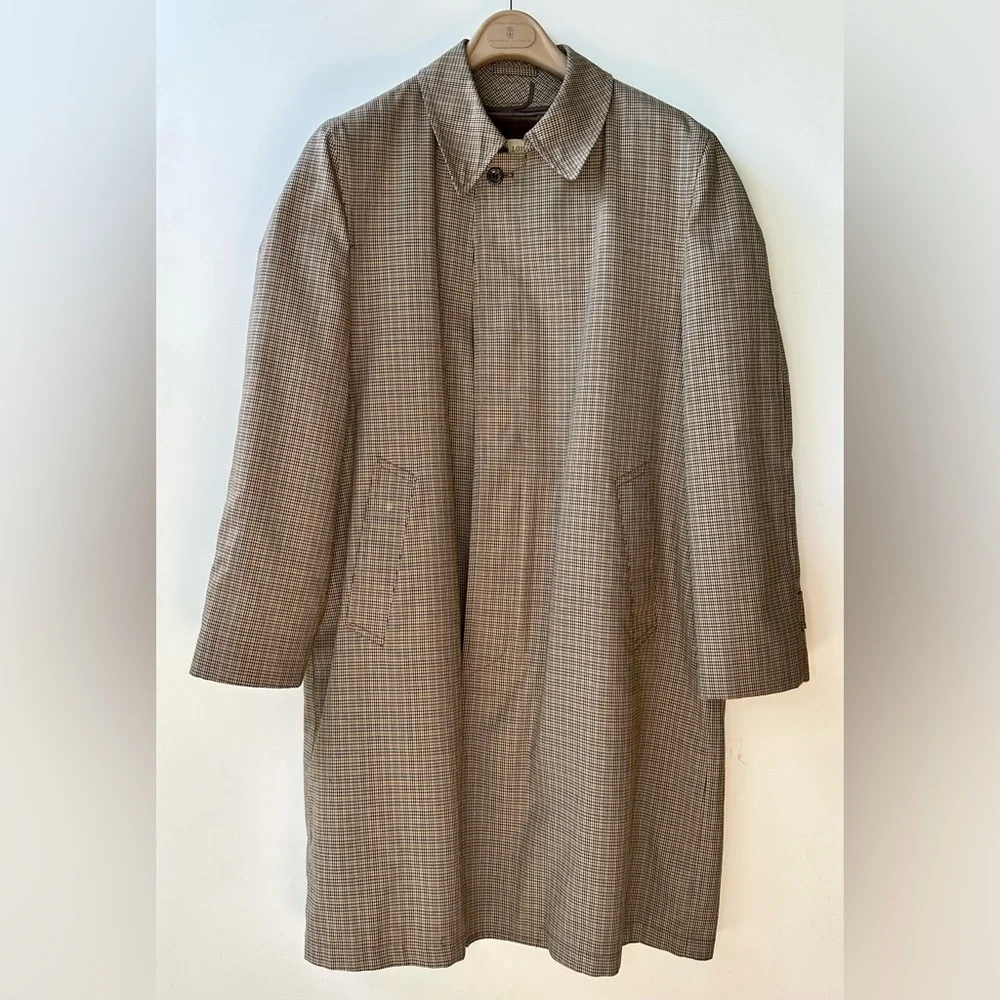Vtg London Fog Men's Classic Tan Houndstooth Coat, fur lining, size 40 R